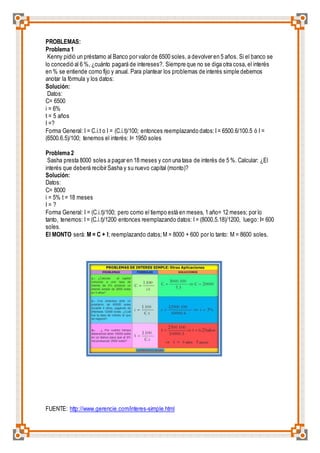 PROBLEMAS: 
Problema 1 
Kenny pidió un préstamo al Banco por valor de 6500 soles, a devolver en 5 años. Si el banco se 
lo concedió al 6 %, ¿cuánto pagará de intereses?. Siempre que no se diga otra cosa, el interés 
en % se entiende como fijo y anual. Para plantear los problemas de interés simple debemos 
anotar la fórmula y los datos: 
Solución: 
Datos: 
C= 6500 
i = 6% 
t = 5 años 
I =? 
Forma General: I = C.i.t o I = (C.i.t)/100; entonces reemplazando datos: I = 6500.6/100.5 ó I = 
(6500.6.5)/100; tenemos el interés: I= 1950 soles 
Problema 2 
Sasha presta 8000 soles a pagar en 18 meses y con una tasa de interés de 5 %. Calcular: ¿El 
interés que deberá recibir Sasha y su nuevo capital (monto)? 
Solución: 
Datos: 
C= 8000 
i = 5% t = 18 meses 
I = ? 
Forma General: I = (C.i.t)/100; pero como el tiempo está en meses, 1 año= 12 meses; por lo 
tanto, tenemos: I = (C.i.t)/1200 entonces reemplazando datos: I = (8000.5.18)/1200, luego: I= 600 
soles. 
El MONTO será: M = C + I; reemplazando datos; M = 8000 + 600 por lo tanto: M = 8600 soles. 
FUENTE: http://www.gerencie.com/interes-simple.html 
 