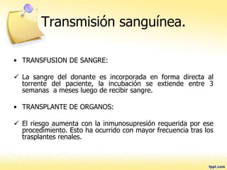 Transmisión sanguínea.
• TRANSFUSION DE SANGRE:
 La sangre del donante es incorporada en forma directa al
torrente del paciente, la incubación se extiende entre 3
semanas a meses luego de recibir sangre.
• TRANSPLANTE DE ORGANOS:
 El riesgo aumenta con la inmunosupresión requerida por ese
procedimiento. Esto ha ocurrido con mayor frecuencia tras los
trasplantes renales.
 