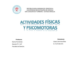 REPÚBLICA BOLIVARIANA DE VENEZUELA
UNIVERSIDAD BICENTENARIA DE ARAGUA
SAN JOAQUÍN DE TURMERO - ESTADO ARAGUA
Estudiante:
López León Ana Elisa
C.I V-27.044.373
Profesora:
Karina Fernández
Sección P1- VLP
Facultad de Derecho
 