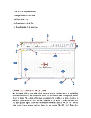 11.- Barra de desplazamiento. 
12.- Hojas del libro de Excel 
13.- Vista de la hoja. 
14.- Encabezado de la fila. 
15.- Encabezado de la columna. 
COMBINACION ENTRE CELDAS 
No se puede dividir una sola celda, pero se puede mostrar como si se hubiera 
dividido combinando las celdas que están por encima de ella. Por ejemplo, desea 
dividir la celda A2 en tres celdas que aparezcan una al lado de la otra debajo de la 
celda A1 (quiere usar la celda A1 como encabezado). No es posible dividir la celda 
A2, pero puede lograr un efecto similar combinando las celdas A1, B1 y C1 en una 
sola celda. Luego puede escribir datos en las celdas A2, B2 y C2. Estas tres 
 
