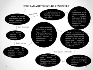 GEOGRAFÍA HISTÓRICA DE VENEZUELA
Explica las diversas
correlaciones entre los
factores espaciales y
procesos históricos.
A que la historia no se
proyecta únicamente en
el tiempo sino también
es el espacio.
Cabe destacar que
Los factores
espaciales son
dinámicos y
cambiantes.
Es por esto que
La historia de
Venezuela se ha
proyectado en varios y
cambiantes espacios
geográficos.
El ámbito intertropical
del territorio ha incidido
en modos de
poblamiento, tipo de usos
de la tierra y sus otros
recursos naturales e
infraestructuras de
comunicación, entre
otros.
En la
reconstrucción de los
cambios del pasado de
los escenarios
geohistóricos de país,
seria necesario tener
presente una adecuada
interpretación
cartográfica temática.
Desde la conquista, la
implantación geohistórica ha
ido pasando por alto algunos
espacios, ya sea por sus
características geográfico-
físicas de suelo, clima y
relieve, vegetación o
accesibilidad.
Estos espacios son llamados
Repulsivos en los
cuales solo se evidencio
escaso y/o poco denso
asentamiento de
población.
Algunos fueron:
Aruba, Bonaire y
Curazao, Guajira,
Paraguaná y llanos bajos
inundables en Apure,
entre otros.
 