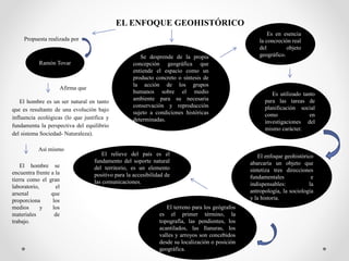 EL ENFOQUE GEOHISTÓRICO
Ramón Tovar
Se desprende de la propia
concepción geográfica que
entiende el espacio como un
producto concreto o síntesis de
la acción de los grupos
humanos sobre el medio
ambiente para su necesaria
conservación y reproducción
sujeto a condiciones históricas
determinadas.
Propuesta realizada por
Es en esencia
la concreción real
del objeto
geográfico.
Es utilizado tanto
para las tareas de
planificación social
como en
investigaciones del
mismo carácter.
Afirma que
El hombre es un ser natural en tanto
que es resultante de una evolución bajo
influencia ecológicas (lo que justifica y
fundamenta la perspectiva del equilibrio
del sistema Sociedad- Naturaleza).
Así mismo
El hombre se
encuentra frente a la
tierra como el gran
laboratorio, el
arsenal que
proporciona los
medios y los
materiales de
trabajo.
El enfoque geohistórico
abarcaría un objeto que
sintetiza tres direcciones
fundamentales e
indispensables: la
antropología, la sociología
y la historia.
El terreno para los geógrafos
es el primer término, la
topografía, las pendientes, los
acantilados, las llanuras, los
valles y arroyos son concebidos
desde su localización o posición
geográfica.
El relieve del país es el
fundamento del soporte natural
del territorio, es un elemento
positivo para la accesibilidad de
las comunicaciones.
 