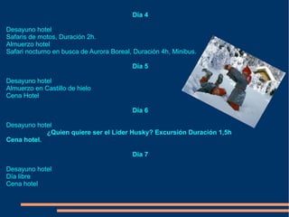 Día 4

Desayuno hotel
Safaris de motos, Duración 2h.
Almuerzo hotel
Safari nocturno en busca de Aurora Boreal, Duración 4h, Minibus.

                                          Día 5

Desayuno hotel
Almuerzo en Castillo de hielo
Cena Hotel

                                          Día 6

Desayuno hotel
            ¿Quien quiere ser el Lider Husky? Excursión Duración 1,5h
Cena hotel.

                                          Día 7

Desayuno hotel
Día libre
Cena hotel
 
