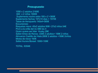Presupuesto
1090 x 2 adultos 2180€
 840 x 2 niños 1680€
 Suplemento noche extra 180 x 2 =360€
Suplemento fechas 197x10 dias = 1970€
Tasas de Aeropuerto 140x4=560€
Excursiones:
Raquetas nieve :45x2 adultos 90€+ 27x2 niños 54€
Picni a la orilla del rio 48€ los 4
Quien quiere ser lider Husky 28€
Safari trineo de Renos: 330€ 2 adultos+ 198€ 2 niños
Almuerzo Castillo de Hielo:280€ 2 adultos +168€ 2niños
Motos de nieve 160€
Safari Aurora Boreal: 180€+108€

TOTAL: 8394€
 