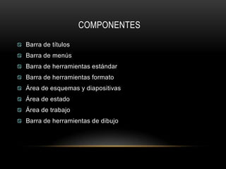 COMPONENTES
Barra de títulos
Barra de menús
Barra de herramientas estándar
Barra de herramientas formato
Área de esquemas y diapositivas
Área de estado
Área de trabajo
Barra de herramientas de dibujo
 