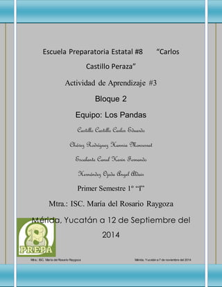 Escuela Preparatoria Estatal # 8 Equipo: Los pandas 
Carlos Casti llo Peraza 1° “1” 
Escuela Preparatoria Estatal #8 “Carlos 
Mtra.: ISC. María del Rosario Raygoza Mérida, Yucatán a 7 de noviembre del 2014 
Informática I 
pág. 1 
Castillo Peraza” 
Actividad de Aprendizaje #3 
Bloque 2 
Equipo: Los Pandas 
Castillo Castillo Carlos Eduardo 
Chávez Rodríguez Hannia Monserrat 
Escalante Canul Karin Fernando 
Hernández Ojeda Angel Aldair 
Primer Semestre 1º “I” 
Mtra.: ISC. María del Rosario Raygoza 
Mérida, Yucatán a 12 de Septiembre del 
2014 
 