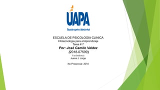 ESCUELA DE PSICOLOGIA CLINICA
Infotecnologia para el Aprendizaje
Tarea # 7
Por: José Camilo Valdez
(2018-07599)
Facilitador(a):
Juana J. Jorge
No Presencial 2018
 