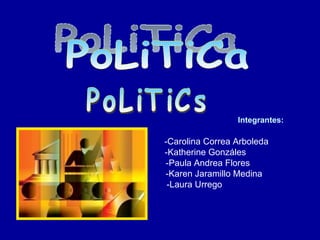 Integrantes:

-Carolina Correa Arboleda
-Katherine Gonzáles
-Paula Andrea Flores
-Karen Jaramillo Medina
 -Laura Urrego
 