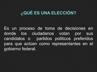 ¿QUÉ ES UNA ELECCIÓN?


Es un proceso de toma de decisiones en
donde los ciudadanos votan por sus
candidatos o partidos políticos preferidos
para que actúen como representantes en el
gobierno federal.
 