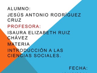 ALUMNO: 
JESÚS ANTONIO RODRÍGUEZ 
CRUZ 
PROFESORA: 
ISAURA ELIZABETH RUIZ 
CHÁVEZ 
MATERIA 
INTRODUCCIÓN A LAS 
CIENCIAS SOCIALES. 
FECHA: 
13/10/2014 
 