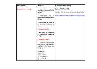 RELIGIÓN
(FICHAS ADJUNTAS)
INGLÉS
Canciones y vídeos que
están en la presentación de
genially.
1.-Comenzamos con la
canción de hello y las rutinas
diarias.
2.-Visualizamos el video de
los números y hacemos la
ficha.
(FICHA ADJUNTA)
3.-Escuchan el video de
las emociones y realizan
la ficha.
(FICHA ADJUNTA)
4.- Escuchan la historia del
tema 8 I want to be a prince
5.-Ahora algo que les
divierte.
Johny Johny
Do you like?
School Supplies
We are the police
Prepositions
The house
PSICOMOTRICIDAD
BAILE DE LA RANITA
Celebra el fin de curso con el baile de la ranita.
https://www.youtube.com/watch?v=msmGXDandfI
 