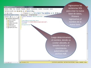 Ingresamos las sentencias SQL para crear la nueva base de datos, Primero ingresamos el nombre de la nueva base.Luego determinamos el nombre, donde va a estar ubicado, el tamaño inicial y el crecimiento automático del archivo mdf.