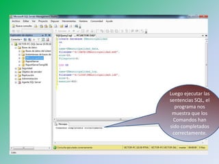 Luego ejecutar las sentencias SQL, el programa nos muestra que los Comandos han sido completados correctamente.