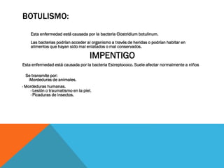 BOTULISMO:
Esta enfermedad está causada por la bacteria Clostridium botulinum.
Las bacterias podrían acceder al organismo a través de heridas o podrían habitar en
alimentos que hayan sido mal enlatados o mal conservados.

IMPENTIGO
Esta enfermedad está causada por la bacteria Estreptococo. Suele afectar normalmente a niños
Se transmite por:
·Mordeduras de animales.
· Mordeduras humanas.
· Lesión o traumatismo en la piel.
· Picaduras de insectos.

 
