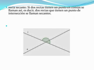  recta secante: Si dos rectas tienen un punto en común se

llaman así, es decir, dos rectas que tienen un punto de
intersección se llaman secantes.



 