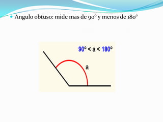  Angulo obtuso: mide mas de 90° y menos de 180°

 