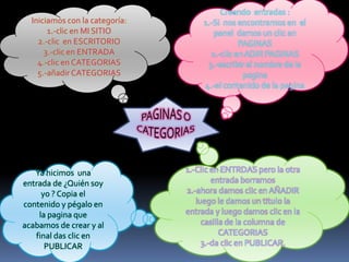 Creando entradas :
  Iniciamos con la categoría:        1.-Si nos encontramos en el
       1.-clic en MI SITIO              panel damos un clic en
    2.-clic en ESCRITORIO                       PAGINAS
      3.-clic en ENTRADA               2.-clic en ADIR PAGINAS
    4.-clic en CATEGORIAS             3.-escribir el nombre de la
    5.-añadir CATEGORIAS                         pagina
                                     4.-el contenido de la pagina




   Ya hicimos una               1.-Clic en ENTRDAS pero la otra
entrada de ¿Quién soy                   entrada borramos
     yo ? Copia el              2.-ahora damos clic en AÑADIR
contenido y pégalo en              luego le damos un titulo la
    la pagina que               entrada y luego damos clic en la
acabamos de crear y al               casilla de la columna de
   final das clic en                       CATEGORIAS
      PUBLICAR                       3.-da clic en PUBLICAR.
 