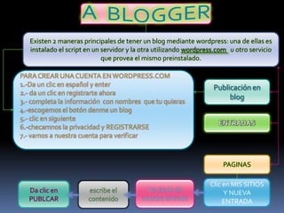 Existen 2 maneras principales de tener un blog mediante wordpress: una de ellas es
   instalado el script en un servidor y la otra utilizando wordpress.com u otro servicio
                             que provea el mismo preinstalado.

PARA CREAR UNA CUENTA EN WORDPRESS.COM
1.-Da un clic en español y enter                                   Publicación en
2.- da un clic en registrarte ahora
                                                                        blog
3.- completa la información con nombres que tu quieras
4.-escogemos el botón denme un blog
5.- clic en siguiente
6.-checamnos la privacidad y REGISTRARSE
7.- vamos a nuestra cuenta para verificar



                                                                      PAGINAS

                                                                  Clic en MIS SITIOS
                                                                       Y NUEVA
                                                                       ENTRADA
 