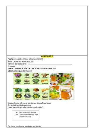 ACTIVIDAD 3
Fecha: miércoles 23 de febrero del 2022
Área: CIENCIAS NATURALES
Nombre del estudiante: _________________________________________
Docente:
TEMA: CLASIFICACIÓN DE LAS PLANTAS ALIMENTICIAS
Observa la siguiente imagen
Analizar los beneficios de las plantas del grafico anterior
Contesta la siguiente pregunta
¿para que utilizamos las plantas medicinales?
Escribe el nombre de las siguientes plantas
a) Para comerlasy adornar
b) Comomedicamentospara
una enfermedad
 