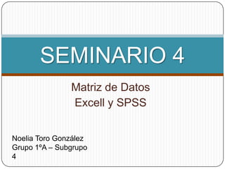 Matriz de Datos
Excell y SPSS
SEMINARIO 4
Noelia Toro González
Grupo 1ºA – Subgrupo
4
 