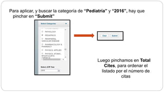 Para aplicar, y buscar la categoría de “Pediatría” y “2016”, hay que
pinchar en “Submit”
Luego pinchamos en Total
Cites, para ordenar el
listado por el número de
citas
 