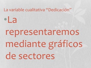 La variable cualitativa “Dedicación”
•La
representaremos
mediante gráficos
de sectores
 