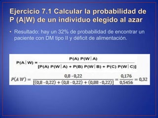 • Resultado: hay un 32% de probabilidad de encontrar un
paciente con DM tipo II y déficit de alimentación.
 