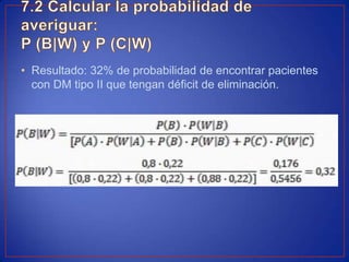 • Resultado: 32% de probabilidad de encontrar pacientes
con DM tipo II que tengan déficit de eliminación.
 