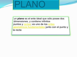 PLANOun plano es el ente ideal que sólo posee dos dimensiones, y contiene infinitos puntos y rectas; es uno de los entes geométricos fundamentales junto con el punto y la recta