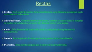 Rectas
 Centro. Es el punto fijo dentro de la circunferencia, cuya distancia a cualquier punto
en el contorno es la misma.
 Circunferencia. Contorno exterior del circulo, también se conoce como el conjunto
de puntos cuya distancia a un punto fijo, llamado centro, es la misma.
 Radio. Es la distancia del centro del circulo a cualquiera de los puntos de la
circunferencia.
 Cuerda. Es el segmento de recta que une dos puntos de la circunferencia.
 Diámetro. Es la cuerda que pasa por el centro de la circunferencia.
 