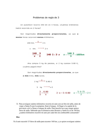 Problemas de regla de 3


          Un automóvil recorre 240 km en 3 horas. ¿Cuántos kilómetros

   habrá recorrido en 2 horas?



          Son   magnitudes      directamente           proporcionales,    ya   que   a

   menos horas recorrerá menos kilómetros.



                  240 Km.               3 h



                     x   Km.              2 h




                   Ana compra 5 kg de patatas, si 2 kg cuestan 0.80 €,

            ¿cuánto pagará Ana?



                   Son magnitudes directamente proporcionales, ya que

            a más kilos, más euros.



                            2 kg              0.80 €



                               5   kg             x €




   3) Para averiguar cuántos kilómetros recorría mi auto con un litro de nafta, antes de
      viajar a Santa Fe por la autopista, llené el tanque. Al llegar a la capital de la
      provincia volví a llenar el tanque de nafta. Para hacerlo tuve que cargar quince
      litros de nafta. Sabiendo que la distancia entre Rosario y Santa Fe es de 160 km,
      ¿cuántos kilómetros recorrió mi auto por cada litro de combustible consumido?

   Rta:

Si el auto necesitó 15 litros de nafta para recorrer 160 km, y yo quiero averiguar cuántos
 