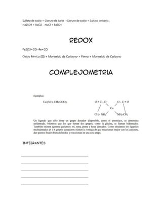 Sulfato de sodio + Cloruro de bario →Cloruro de sodio + Sulfato de bario↓
Na2SO4 + BaCl2 →NaCl + BaSO4

Redox
Fe2O3+CO→
Fe+CO
Oxido Férrico (III) + Monóxido de Carbono-> Fierro + Monóxido de Carbono

Complejometria

INTEGRANTES:

 