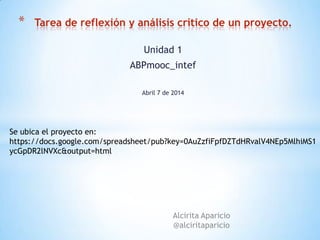Unidad 1
ABPmooc_intef
Abril 7 de 2014
* Tarea de reflexión y análisis crítico de un proyecto.
Alcirita Aparicio
@alciritaparicio
Se ubica el proyecto en:
https://docs.google.com/spreadsheet/pub?key=0AuZzfiFpfDZTdHRvalV4NEp5MlhiMS1
ycGpDR2lNVXc&output=html
 