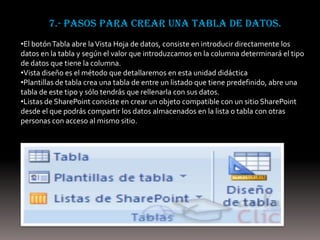 7.- pasos para crear una tabla de datos.
•El botón Tabla abre la Vista Hoja de datos, consiste en introducir directamente los
datos en la tabla y según el valor que introduzcamos en la columna determinará el tipo
de datos que tiene la columna.
•Vista diseño es el método que detallaremos en esta unidad didáctica
•Plantillas de tabla crea una tabla de entre un listado que tiene predefinido, abre una
tabla de este tipo y sólo tendrás que rellenarla con sus datos.
•Listas de SharePoint consiste en crear un objeto compatible con un sitio SharePoint
desde el que podrás compartir los datos almacenados en la lista o tabla con otras
personas con acceso al mismo sitio.
 