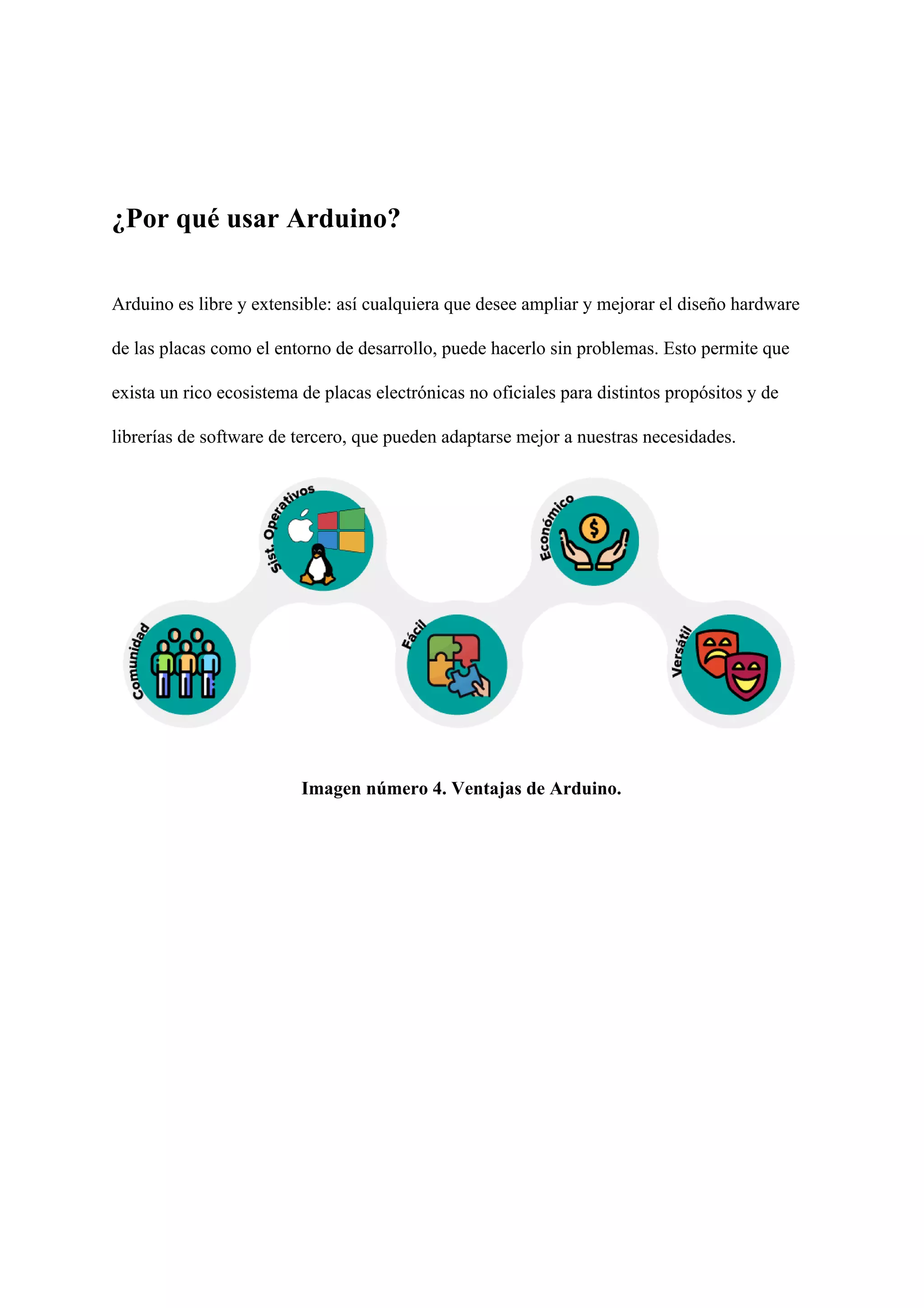 ¿Por qué usar Arduino?
Arduino es libre y extensible: así cualquiera que desee ampliar y mejorar el diseño hardware
de las placas como el entorno de desarrollo, puede hacerlo sin problemas. Esto permite que
exista un rico ecosistema de placas electrónicas no oficiales para distintos propósitos y de
librerías de software de tercero, que pueden adaptarse mejor a nuestras necesidades.
Imagen número 4. Ventajas de Arduino.
 