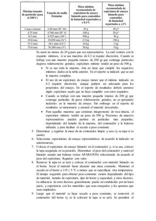 Se usará no menos de 20 g para que sea representativa. La cual contara con lo
requisito mínimos, si se usa muestras de 6.2 se requiee discreción, Cuando se
trabaje con una muestra pequeña (menos de 200 g) que contenga partículas
degrava relativamente grandes; espécimen mínimo tendrá un peso de 500 g.
 Si se usa toda la muestra, ésta no tiene que cumplir los requisitos
mínimos dados en la tabla anterior. En el reporte se indicará que se usó
la muestra completa.
 El uso de un espécimen de ensayo menor que el mínimo indicado en
6.2 requiere discreción, aunque pudiera ser adecuado para los
propósitos del ensayo. En el reporte de resultados deberá anotarse
algún espécimen usado que no haya cumplido con estos requisitos.
 Cuando se trabaje con una muestra pequeña (menos de 200 g) que
contenga partículas de grava relativamente grandes, no es apropiado
incluirlas en la muestra de ensayo. Sin embargo en el reporte de
resultados se mencionará y anotará el material descartado.
 Para aquellas muestras que consistan íntegramente de roca intacta, el
espécimen mínimo tendrá un peso de 500 g. Porciones de muestra
representativas pueden partirse en partículas más pequeñas,
dependiendo del tamaño de la muestra, del contenedor y la balanza
utilizada y para facilitar el secado a peso constante.
5. Determinar y registrar la masa de un contenedor limpio y seco (y su tapa si es
usada).
6. Seleccionar especimenes de ensayo representativos de acuerdo lo indicado en
anteriormente.
7. Colocar el espécimen de ensayo húmedo en el contenedor y, si se usa, colocar
la tapa asegurada en su posición. Determinar el peso del contenedor y material
húmedo usando una balanza (véase APARATOS) seleccionada de acuerdo al
peso del espécimen. Registrar este valor.
8. Remover la tapa (si se usó) y colocar el contenedor con material húmedo en
el horno. Secar el material hasta alcanzar una masa constante. Mantener el
secado en el horno a 110 ± 5 °C a menos que se especifique otra temperatura.
El tiempo requerido para obtener peso constante variará dependiendo del tipo
de material, tamaño de espécimen, tipo de horno y capacidad, y otros factores.
La influencia de estos factores generalmente puede ser establecida por un buen
juicio, y experiencia con los materiales que sean ensayados y los aparatos que
sean empleados.
9. Luego que el material se haya secado a peso constante, se removerá el
contenedor del horno (y se le colocará la tapa si se usó). Se permitirá el
 