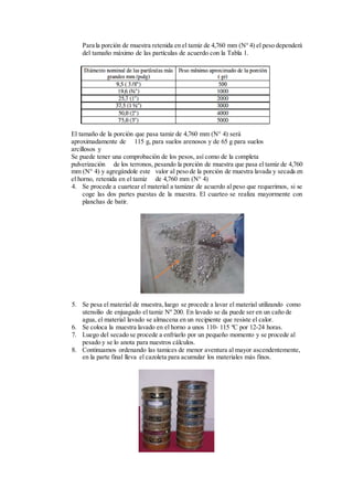 Para la porción de muestra retenida en el tamiz de 4,760 mm (N°4) el peso dependerá
del tamaño máximo de las partículas de acuerdo con la Tabla 1.
El tamaño de la porción que pasa tamiz de 4,760 mm (N° 4) será
aproximadamente de 115 g, para suelos arenosos y de 65 g para suelos
arcillosos y
Se puede tener una comprobación de los pesos, así como de la completa
pulverización de los terronos, pesando la porción de muestra que pasa el tamiz de 4,760
mm (N° 4) y agregándole este valor al peso de la porción de muestra lavada y secada en
el horno, retenida en el tamiz de 4,760 mm (N° 4)
4. Se procede a cuartear el material a tamizar de acuerdo al peso que requerimos, si se
coge las dos partes puestas de la muestra. El cuarteo se realiza mayormente con
planchas de batir.
5. Se pesa el material de muestra,luego se procede a lavar el material utilizando como
utensilio de enjuagado el tamiz Nº 200. En lavado se da puede ser en un caño de
agua, el material lavado se almacena en un recipiente que resiste el calor.
6. Se coloca la muestra lavado en el horno a unos 110- 115 ºC por 12-24 horas.
7. Luego del secado se procede a enfriarlo por un pequeño momento y se procede al
pesado y se lo anota para nuestros cálculos.
8. Continuamos ordenando las tamices de menor aventura al mayor ascendentemente,
en la parte final lleva el cazoleta para acumular los materiales más finos.
 