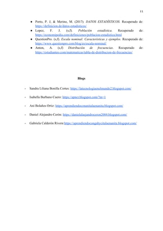 11
● Porto, P. J, & Merino, M. (2017)​. DATOS ESTADÍSTICOS. ​Recuperado de:
https://definicion.de/datos-estadisticos/
● Lopez, F. J. (s,f). ​Población estadística. ​Recuperado de:
https://economipedia.com/definiciones/poblacion-estadistica.html
● QuestionPro. (s,f). Escala nominal: Características y ejemplos. ​Recuperado de:
https://www.questionpro.com/blog/es/escala-nominal/
● Anton, A. (s,f) ​Distribución de frecuencias​. Recuperado de:
https://estudianteo.com/matematicas/tabla-de-distribucion-de-frecuencias/
Blogs
- Sandra Liliana Bonilla Cortes: ​https://latecnologiaenelmundo2.blogspot.com/
- Isabella Burbano Cuero: ​https://apnct.blogspot.com/?m=1
- Ani Bolaños Ortiz: ​https://aprendiendoconanitalaenanita.blogspot.com/
- Daniel Alejandro Cerón: ​https://danielalaejandroceron2004.blogspot.com/
- Gabriela Calderón Rivera:​https://aprendiendocongabycitalaenanita.blogspot.com/
 
