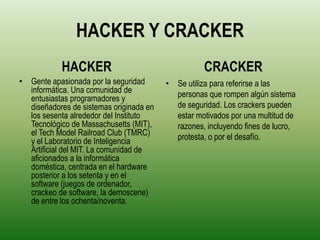 HACKER Y CRACKER
           HACKER                                  CRACKER
• Gente apasionada por la seguridad      • Se utiliza para referirse a las
  informática. Una comunidad de            personas que rompen algún sistema
  entusiastas programadores y
  diseñadores de sistemas originada en     de seguridad. Los crackers pueden
  los sesenta alrededor del Instituto      estar motivados por una multitud de
  Tecnológico de Massachusetts (MIT),      razones, incluyendo fines de lucro,
  el Tech Model Railroad Club (TMRC)       protesta, o por el desafío.
  y el Laboratorio de Inteligencia
  Artificial del MIT. La comunidad de
  aficionados a la informática
  doméstica, centrada en el hardware
  posterior a los setenta y en el
  software (juegos de ordenador,
  crackeo de software, la demoscene)
  de entre los ochenta/noventa.
 