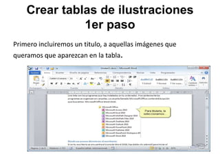 Crear tablas de ilustraciones
1er paso
Primero incluiremos un titulo, a aquellas imágenes que

queramos que aparezcan en la tabla.

 