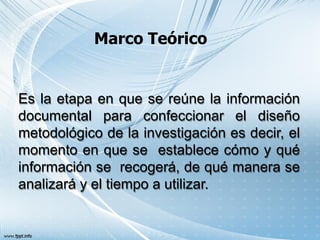 Marco Teórico
Es la etapa en que se reúne la información
documental para confeccionar el diseño
metodológico de la investigación es decir, el
momento en que se establece cómo y qué
información se recogerá, de qué manera se
analizará y el tiempo a utilizar.
 