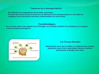 Trastornos de la Sensopercepción
Son defectos en la organización de los datos sensoriales.
El modo más común de que se produzca una alteración de la sensopercepción es una lesión en
cualquiera de las estructuras nerviosas comprometidas con esta función.
Psicofisiológica:
Es una de las ramas más antiguas de la Psicología es el estudio científico de la biología de la conducta
y de los procesos psicológicos.
Los Proceso Mentales
Básicamente son lo que se refiere a lo siguiente que se estará
explicando como lo es el aprendizaje, memoria, atención,
pensamiento, lenguajes entre otros.
 