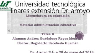 Licenciatura en educación
Materia: administración educativa
Tarea II
Alumna: Andrea Guadalupe Reyes Medrano
Doctor: Dagoberto Escobedo Guzmán
 