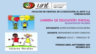 FACULTAD DE CIENCIAS, DE LA EDUCACIÓN, EL ARTE Y LA
COMUNICACIÓN
CARRERA DE EDUCACIÓN INICIAL
EDUCACIÓN EN VALORES
ESTUDIANTE: DORIA EUFEMIA OCHOA MORA
DOCENTE: BERNARDINO ACARO CAMACHO
MODULO: CICLO 1 PARALELO “B”
PERIODO ABRIL-SEPTIEMBRE 2020
RÉGIMEN 2013
 