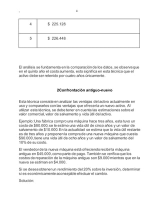 , 4
4 $ 225.128
5 $ 226.448
El análisis se fundamenta en la comparaciónde los datos, se observaque
en el quinto año el costo aumenta, esto significa en esta técnica que el
activo debe ser retenido por cuatro años únicamente.
2Confrontación antiguo-nuevo
Esta técnica consiste en analizar las ventajas del activo actualmente en
uso y compararlos con las ventajas que ofreceríaun nuevo activo. Al
utilizar esta técnica, se debe tener en cuenta las estimaciones sobre el
valor comercial,valor de salvamento y vida útil del activo.
Ejemplo:Una fábrica compro una máquina hace tres años, esta tuvo un
costo de $80.000,se le estimo una vida útil de cinco años y un valor de
salvamento de $10.000.En la actualidad se estima que la vida útil restante
es de tres años y proponen la compra de una nueva máquina que cuesta
$90.000,tiene una vida útil de ocho años y un valor de salvamento del
10% de su costo.
El vendedorde la nueva máquina está ofreciendorecibirla máquina
antigua en $45.000,como parte de pago. También se verifica que los
costos de reparación de la máquina antigua son $9.000 mientras que en la
nueva se estiman en $4.000.
Si se deseaobtenerun rendimiento del 20% sobre la inversión, determinar
si es económicamente aconsejable efectuar el cambio.
Solución:
 