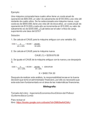 , 6
Ejemplo:
Una máquina comprada hace cuatro años tiene un costo anual de
operaciónde $85.000,un valor de salvamento de $100.000y una vida útil
restante de cuatro años. Se ha seleccionado una máquina nueva, cuyo
costo es de $900.000,tiene una vida útil de doce años, un costo anual de
operaciónde $15.000 y cada año se incrementa en $10.000,su valor de
salvamento es de $300.000.¿Cuál debe ser el valor crítico de canje,
suponiendo una tasa del 22%?
Solución:
1. Se calcula el CAUE para la máquina antigua con una variable (X).
2. Se calcula el CAUE para la máquina nueva.
CAUE (1) = $259.670.08
3. Se iguala el CAUE de la máquina antigua con la nueva y se despejala
X.
X = $480.704.30
Después de realizar este análisis, la responsabilidad recae en la buena
decisiónque tome el administrador financiero, por ello es necesario que
este este bien fundamentado en el área de las matemáticas financieras.
Bibliografía:
Tomado del Libro: IngenieriaEconomica 8va Ediciondel Pofesor
GuillermoBaca Currea
Para revisar el
libro: https://books.google.com.co/books?id=OMh5twAACAAJ
 