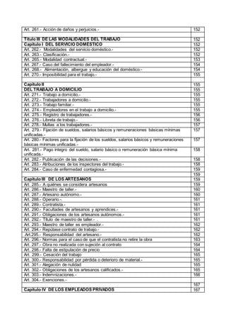 Art. 261.- Acción de daños y perjuicios.- 152
Título III DE LAS MODALIDADES DEL TRABAJO 152
Capítulo I DEL SERVICIO DOMÉSTICO 152
Art. 262.- Modalidades del servicio doméstico.- 152
Art. 263.- Clasificación.- 152
Art. 265.- Modalidad contractual.- 153
Art. 267.- Caso del fallecimiento del empleador.- 154
Art. 268.- Alimentación, albergue y educación del doméstico.- 154
Art. 270.- Imposibilidad para el trabajo.- 155
Capítulo II 155
DEL TRABAJO A DOMICILIO 155
Art. 271.- Trabajo a domicilio.- 155
Art. 272.- Trabajadores a domicilio.- 155
Art. 273.- Trabajo familiar.- 155
Art. 274.- Empleadores en el trabajo a domicilio.- 155
Art. 275.- Registro de trabajadores.- 156
Art. 276.- Libreta de trabajo.- 156
Art. 278.- Multas a los trabajadores.- 157
Art. 279.- Fijación de sueldos, salarios básicos y remuneraciones básicas mínimas
unificadas.-
157
Art. 280.- Factores para la fijación de los sueldos, salarios básicos y remuneraciones
básicas mínimas unificadas.-
157
Art. 281.- Pago íntegro del sueldo, salario básico o remuneración básica mínima
unificada.-
158
Art. 282.- Publicación de las decisiones.- 158
Art. 283.- Atribuciones de los inspectores del trabajo.- 158
Art. 284.- Caso de enfermedad contagiosa.- 159
159
Capítulo III DE LOS ARTESANOS 159
Art. 285.- A quiénes se considera artesanos 159
Art. 286.- Maestro de taller.- 160
Art. 287.- Artesano autónomo.- 160
Art. 288.- Operario.-. 161
Art. 289.- Contratista.- 161
Art. 290.- Facultades de artesanos y aprendices.- 161
Art. 291.- Obligaciones de los artesanos autónomos.- 161
Art. 292.- Título de maestro de taller.- . 161
Art. 293.- Maestro de taller es empleador.- 162
Art. 294.- Repútase contrato de trabajo.- 162
.Art.295.- Responsabilidad del artesano.- 162
Art. 296.- Normas para el caso de que el contratista no retire la obra 163
Art. 297.- Obra no realizada con sujeción al contrato 164
Art. 298.- Falta de estipulación de precio 164
Art. 299.- Cesación del trabajo 165
Art. 300.- Responsabilidad por pérdida o deterioro de material.- 165
Art. 301.- Alegación de nulidad 165
Art. 302.- Obligaciones de los artesanos calificados.- 165
Art. 303.- Indemnizaciones.- 166
Art. 304.- Exenciones.-
167
Capítulo IV DE LOS EMPLEADOS PRIVADOS 167
 