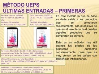 MÉTODO UEPS
ULTIMAS ENTRADAS – PRIMERAS
SALIDAS
Ultimas U + primeras U / total de unidades =
30 x $10,000 + 15 x $9,000.00 = $300,000 + $135,000 = $435,000 / 45 =
$9,667.00
Se venden 45 unidades Cel. LG-ref. G3 a Compañía de
comunicaciones SA. De CV. (Factura 368, 25/06/2015 Cel. LG-ref.
G3 . Por el gran total de $435,000.00 a $9,667.00 p.u.)
Fecha de compra: 10/06/15
Cel. LG – ref. G3 . $12,000.00
c/u
Cantidad: 50 unidades.
50 X $9,000.00 = $450,000.00
Fecha de compra: 20/06/15
Cel. LG – ref. G3 . $11,000.00
c/u
Cantidad: 30 unidades.
30 x $10,000.00 = $300,000.00
Se venden 25 unidades Cel. LG-ref. G3 a Compañía de
comunicaciones SA. De CV. (Factura 457, 30/06/2015 Cel. LG-ref.
G3 . Por un gran total de $225,000.00 a $9,000.00 p.u.)
En este método lo que se hace
es darle salida a los productos
que se compraron
recientemente, con el objetivo de
que en el inventario final queden
aquellos productos que se
compraron de primero.
Este es un método muy útil
cuando los precios de los
productos aumentan
constantemente, cosa que es
muy común en los países con
tendencias inflacionarias.
 