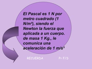 El Pascal es 1 Newton por metro
El Pascal es 1 N por
cuadrado (1 N/m²), siendo el Newton la
fuerza que aplicada a un cuerpo. de
metro cuadrado (1
masa 1 Kg., le comunica una
aceleración de 1 m/s²
N/m²), siendo el
Newton la fuerza que
aplicada a un cuerpo.
de masa 1 Kg., le
comunica una
aceleración de 1 m/s²

  RECUERDA                     P= F/S
 