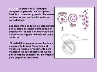 El fuelle es parecido al diafragma
compuesto, pero de una sola pieza
flexible axialmente, y puede dilatarse o
contraerse con un desplazamiento
considerable.

Los elementos de fuelle se caracterizan
por su larga duración, demostrada en
ensayos en los que han soportado sin
deformación alguna millones de ciclos
de flexión.

El material empleado para el fuelle es
usualmente bronce fosforoso y el
muelle es tratado térmicamente para
mantener fija su constante de fuerza
por unidad de compresión. Se emplean
para pequeñas presiones.
 